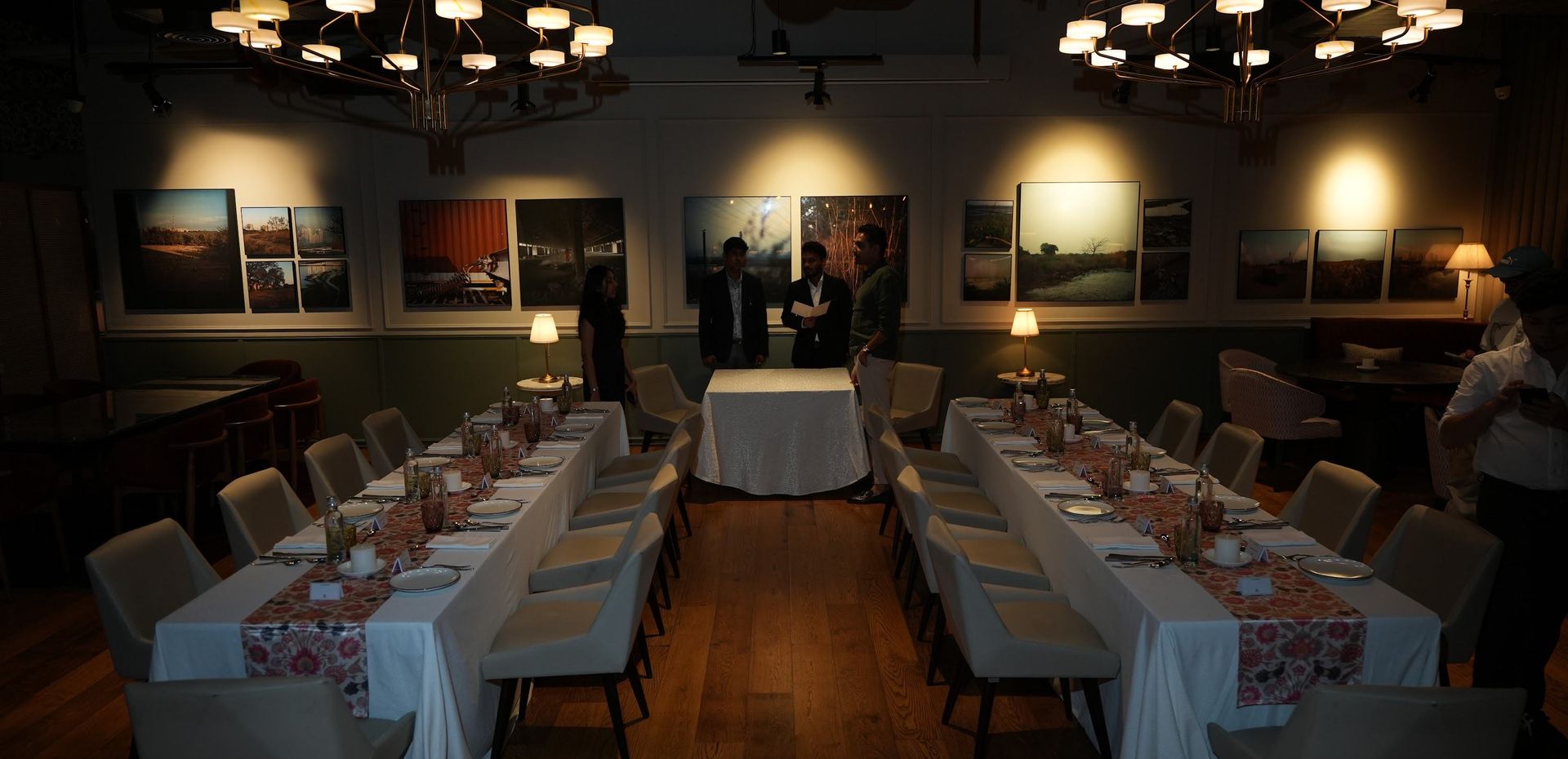 A dining room set for the evening before guests arrive.